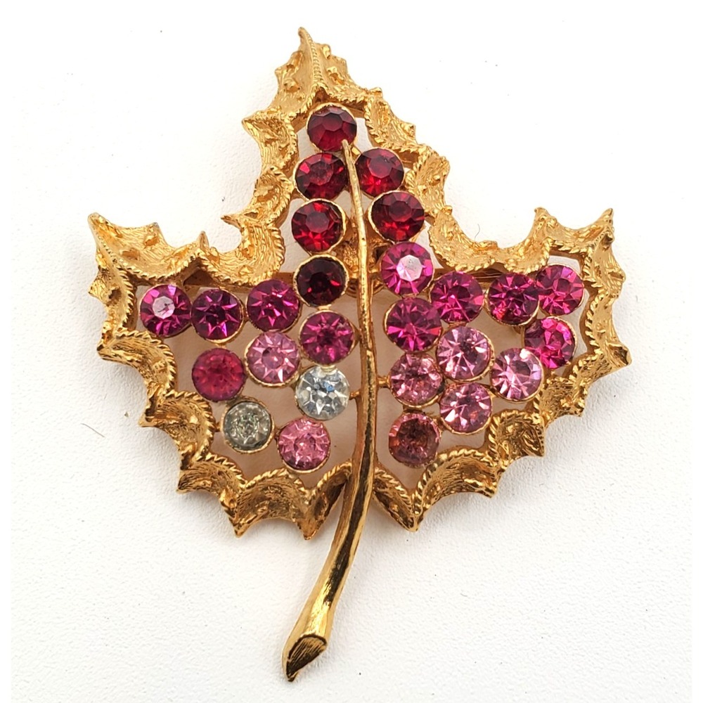 Vintage Gold Tone Maple Leaf Pink Rhinestone Brooch Pin